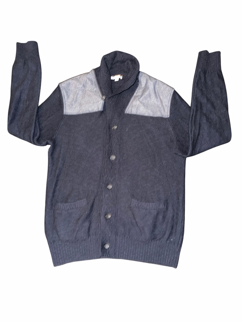 GAP Men's Dark Navy Shawl Collar Button Cardigan with Light Shoulder Panels